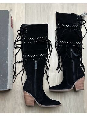 Dingo Tall Fringe Boots Women's 8 M Witchy Woman DI268 Western Chic Suede BLACK